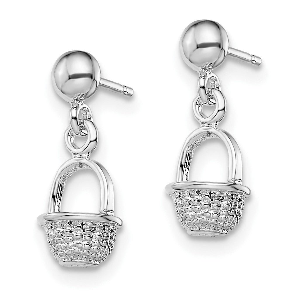 Sterling Silver Polished 3D Mini Basket Dangle Post Earrings