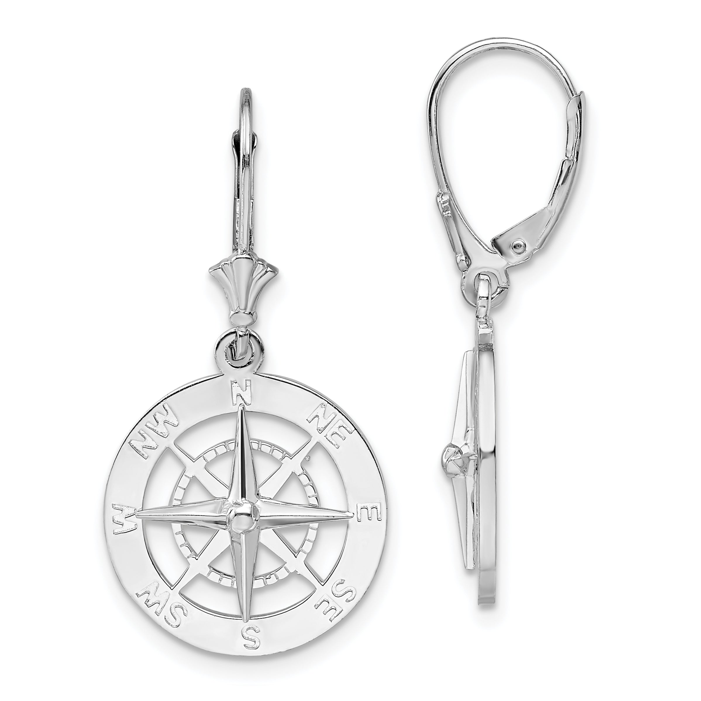 Sterling Silver De-Ani Rhodium-Plated Polished Compass Leverback Earrings