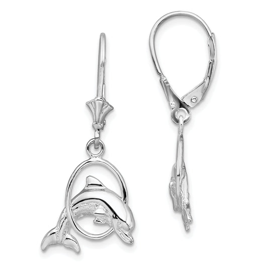 Sterling Silver De-Ani Rhodium-Plated Dolphin In Hoop Leverback Earrings