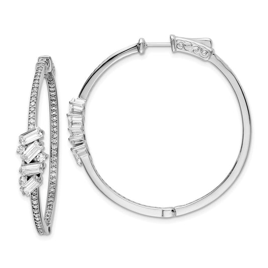 Sterling Silver Shimmer Rhodium-Plated 138 Stone Cz Fancy In And Out Round Hinged Hoop Earrings