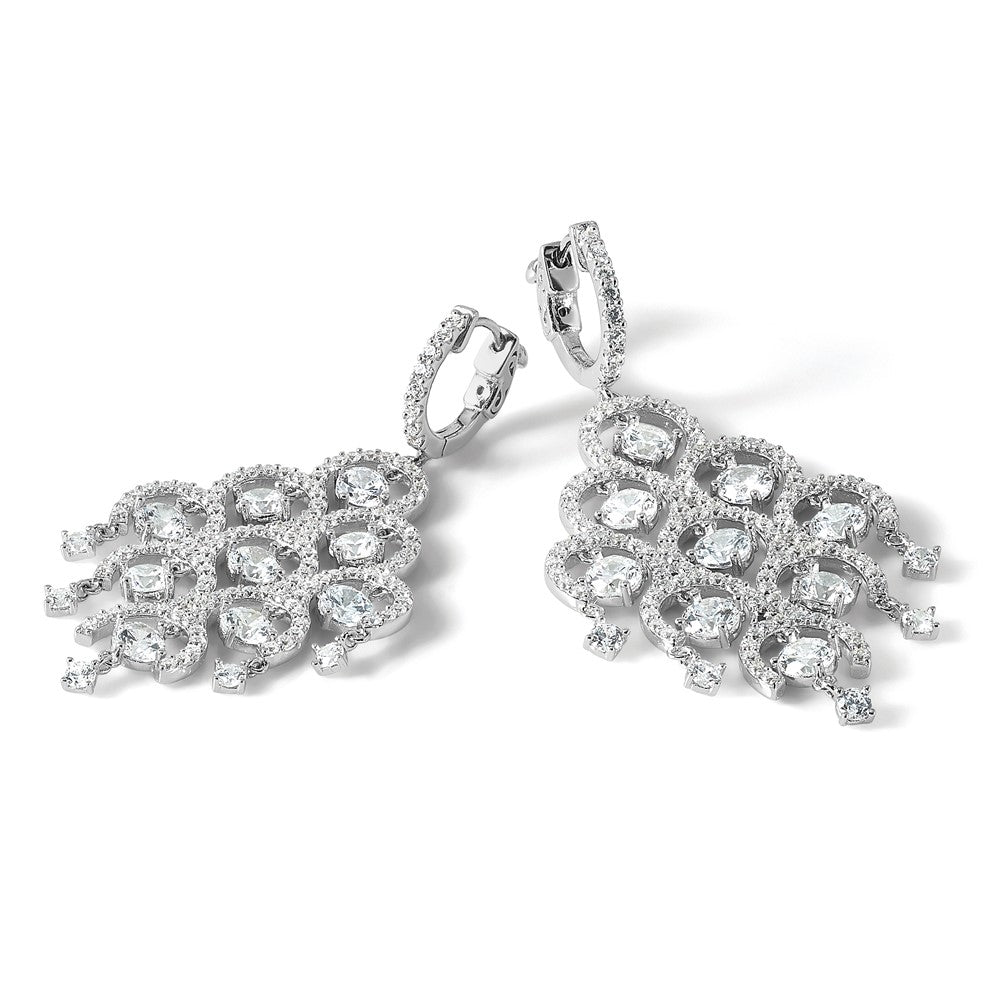 Sterling Silver Shimmer Rhodium-Plated 278 Stone Cz Chandelier Dangle Hinged Earrings