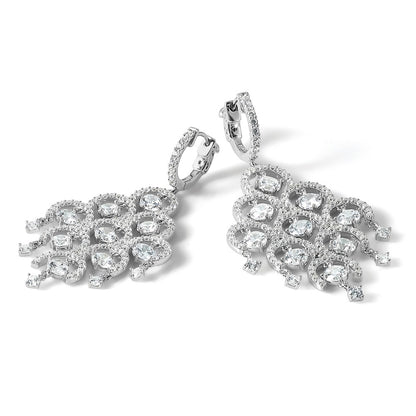 Sterling Silver Shimmer Rhodium-Plated 278 Stone Cz Chandelier Dangle Hinged Earrings