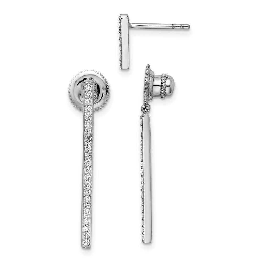 Sterling Silver Shimmer Rhodium-Plated 48 Stone Cz Post Dangle Bar Earrings