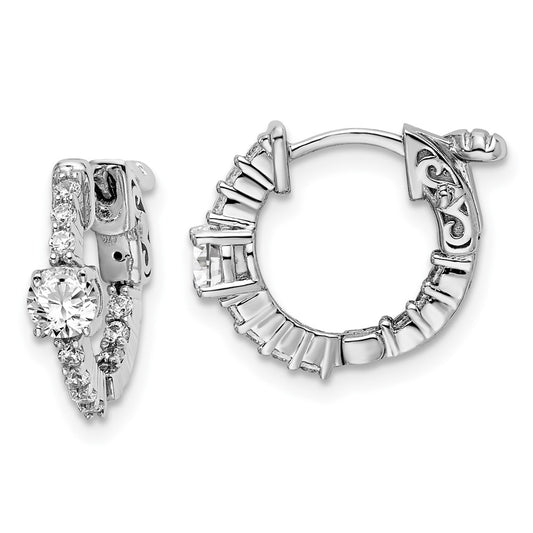 Sterling Silver Shimmer Rhodium-Plated 22 Stone Cz In And Out Round Hinged Hoop Earrings
