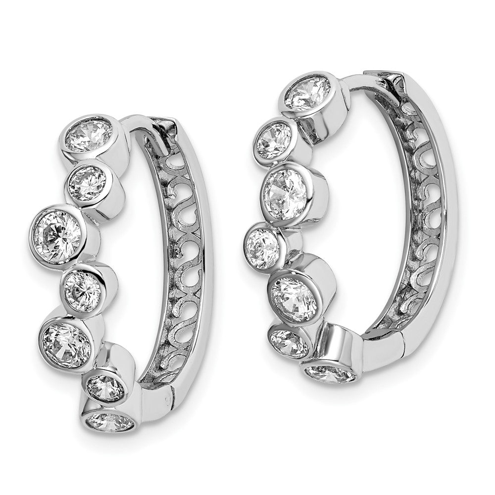 Sterling Silver Shimmer Rhodium-Plated 14 Stone Cz Bevel Set Hinged Hoop Earrings