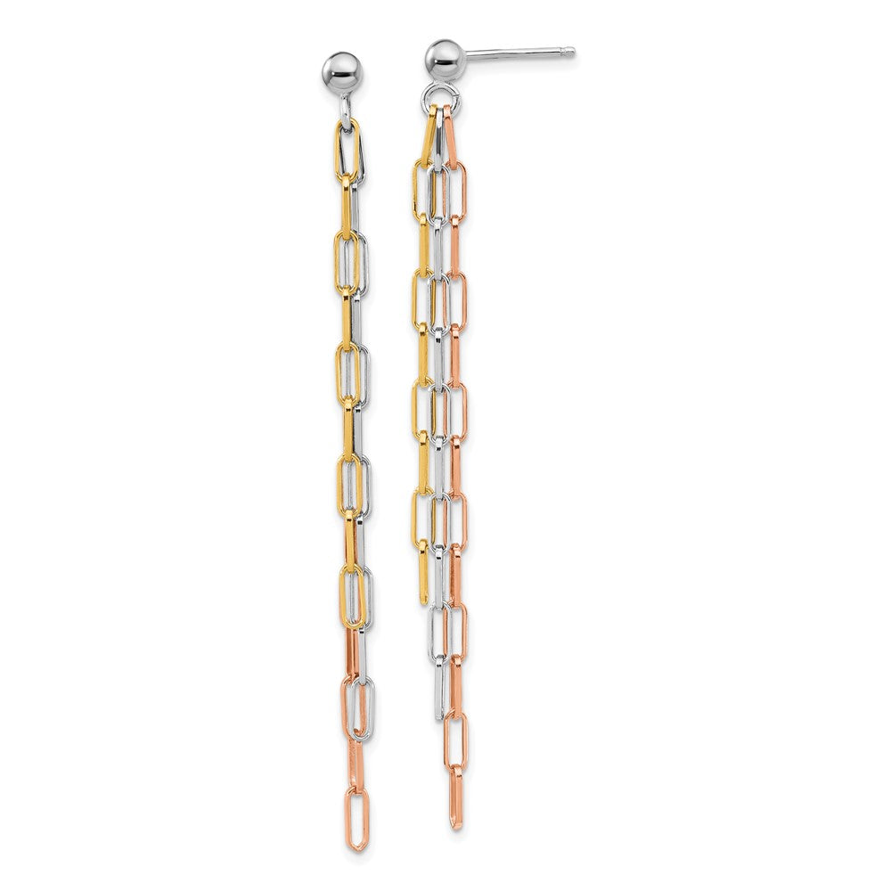 Sterling Silver Rh-Plate Rose & Yellow-Tone Paperclip Link 3-Strand Earri