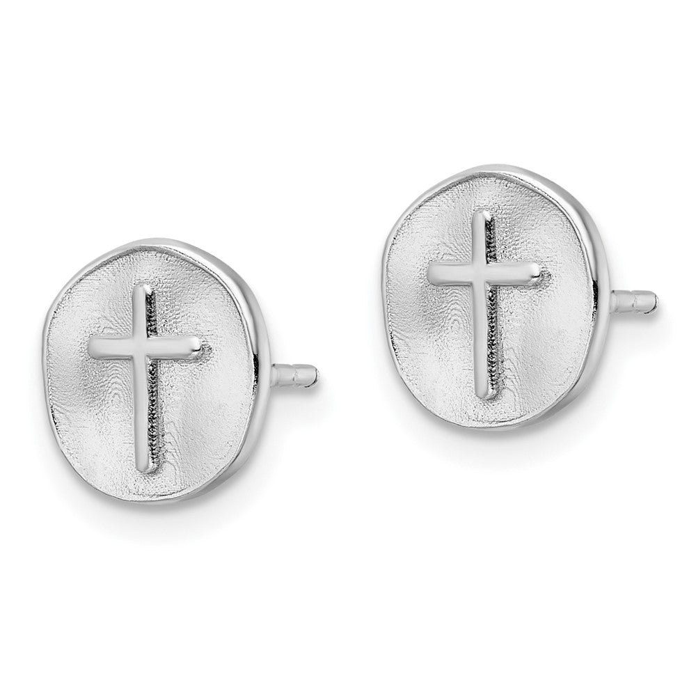 Sterling Silver Rhodium-Plated Cross In Satin Circle Post Earrings
