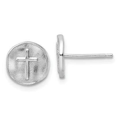 Sterling Silver Rhodium-Plated Cross In Satin Circle Post Earrings