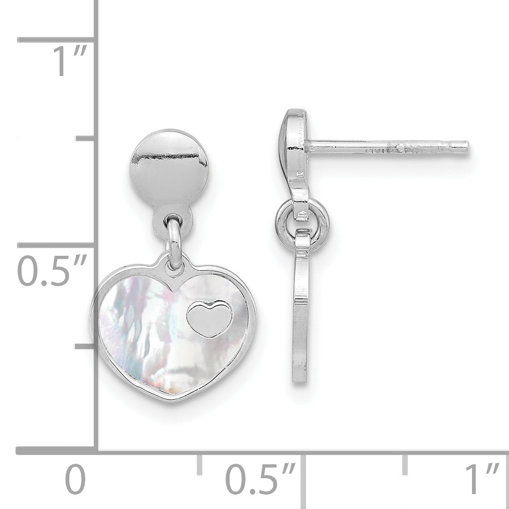 Sterling Silver Rhodium-Plated Mother Of Pearl Heart Post Dangle Earrings
