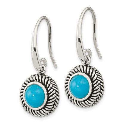 Sterling Silver Polished & Antiqued Imitation Turquoise Dangle Earrings