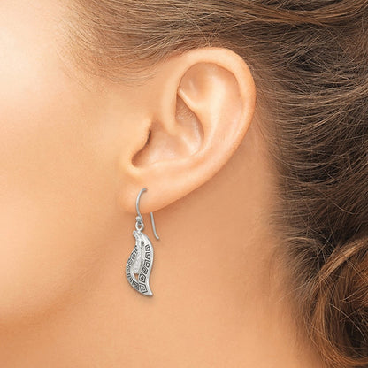 Sterling Silver Antiqued Cz Greek Key Leaf Shepherd Hook Earrings