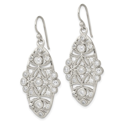 Sterling Silver Polished Fancy Cz Dangle Shephard Hook Earrings