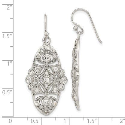 Sterling Silver Polished Fancy Cz Dangle Shephard Hook Earrings