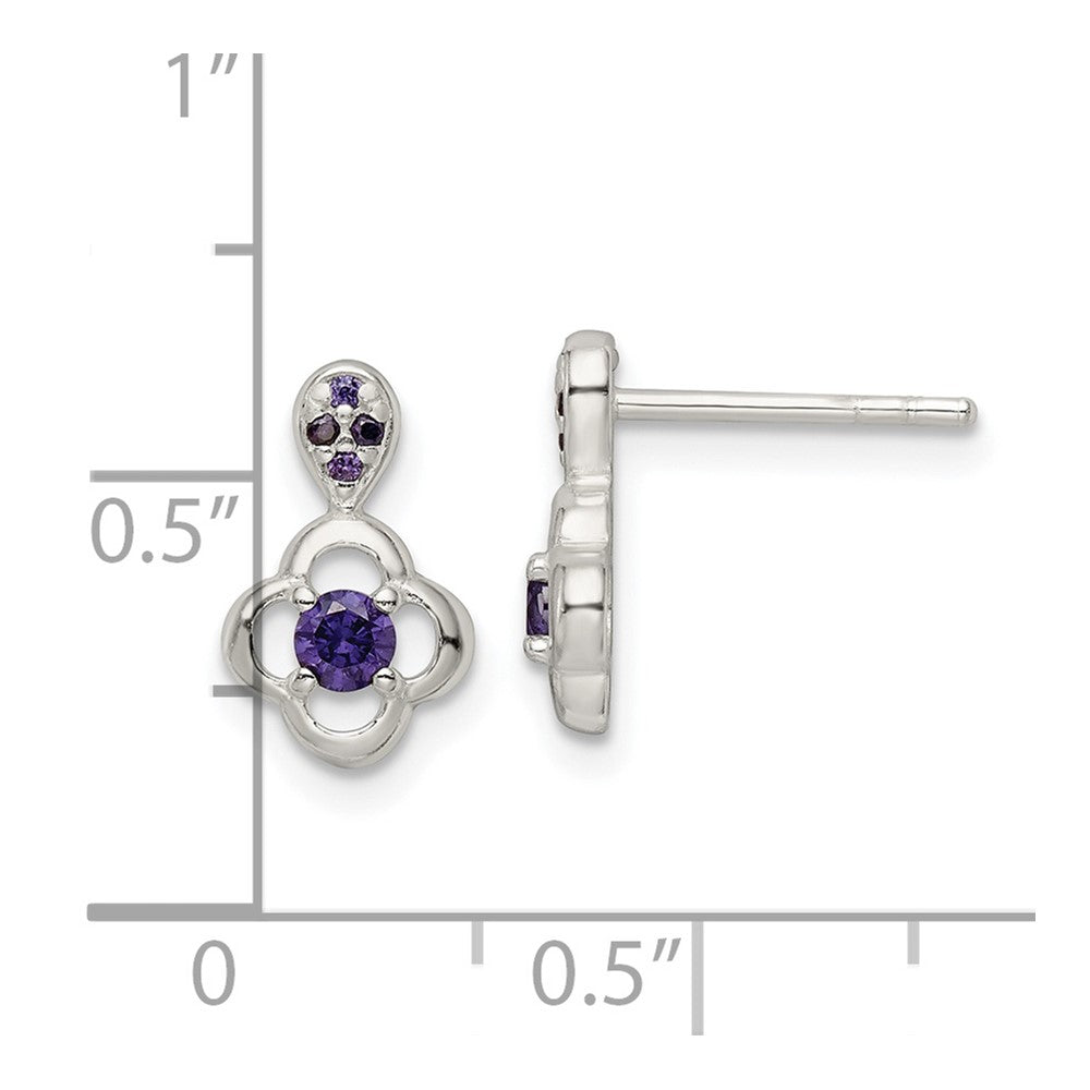 Sterling Silver Polished Purple Cz Flower Post Dangle Earrings