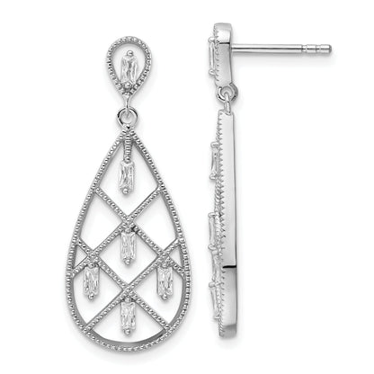 Sterling Silver Rhodium-Plated Baguette Cz Teardrop Post Earrings