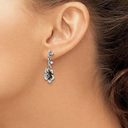 Sterling Silver Oxidized Flower W/Branch Dangle Post Earrings