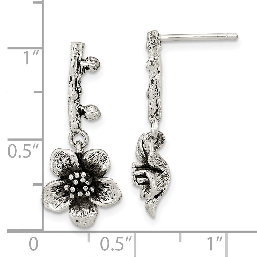 Sterling Silver Oxidized Flower W/Branch Dangle Post Earrings