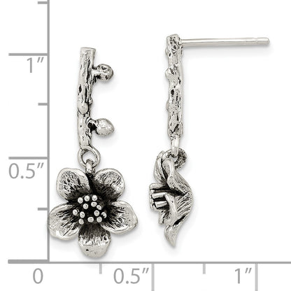 Sterling Silver Oxidized Flower W/Branch Dangle Post Earrings