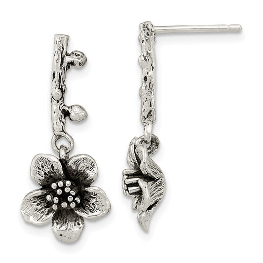 Sterling Silver Oxidized Flower W/Branch Dangle Post Earrings