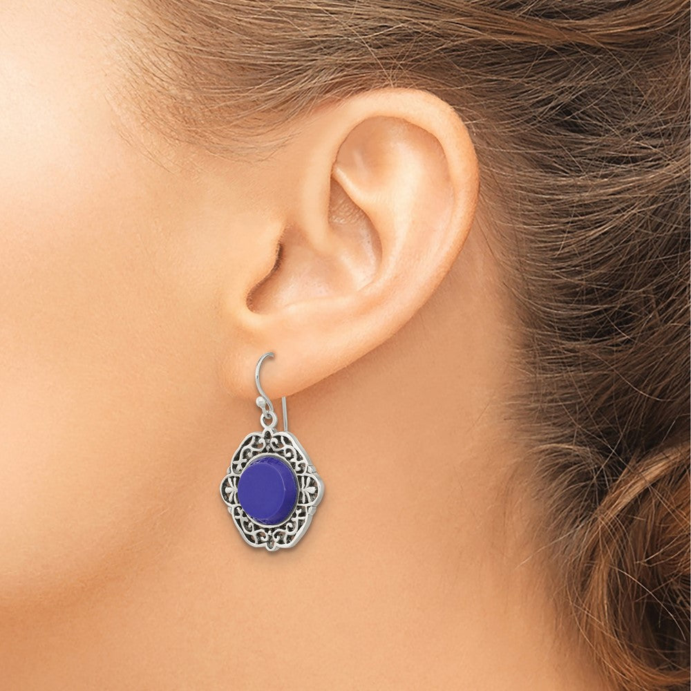 Sterling Silver Oxidized Dyed Agate Filigree Fancy Dangle Earrings