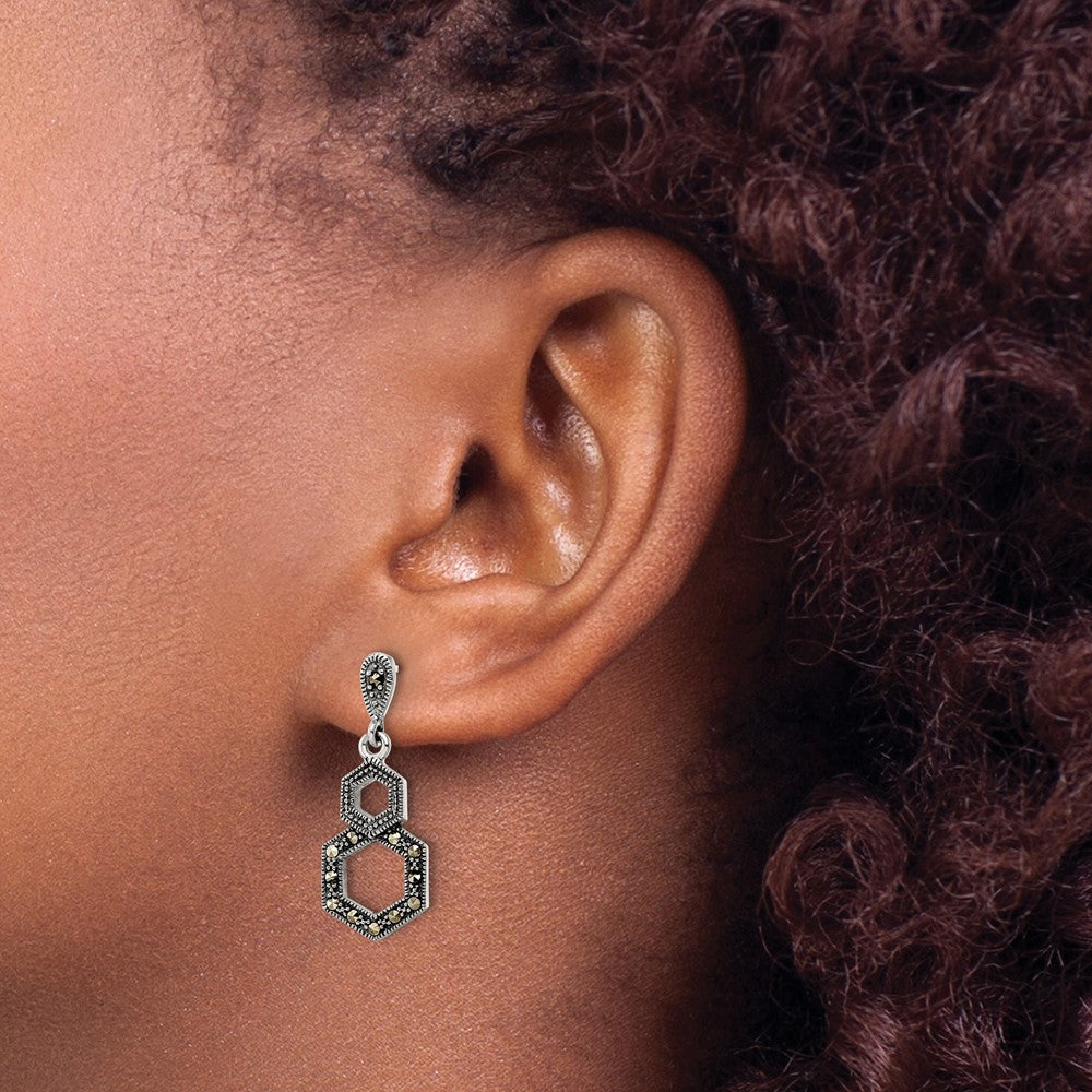 Sterling Silver Antiqued Marcasite Hexagon Post Dangle Earrings