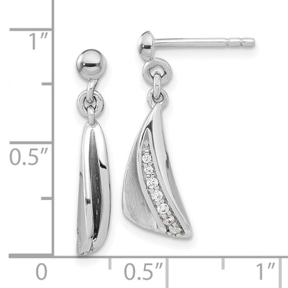 Sterling Silver Rh-Plated Brushed & Polished Cz Dangle Post Earrings