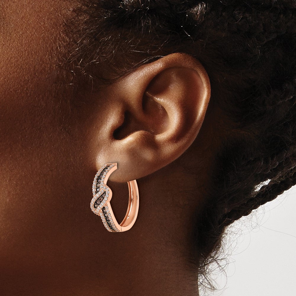 Sterling Silver Rose-Tone Blk Rhodium-Plate Cz Fancy Hinged Hoop Earrings