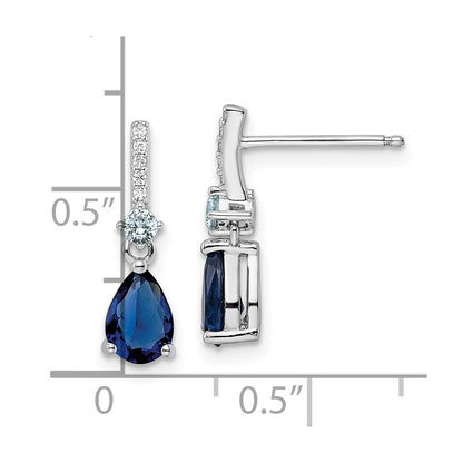 Sterling Silver Rhodium-Plated Cz And Blue Glass Post Dangle Earrings