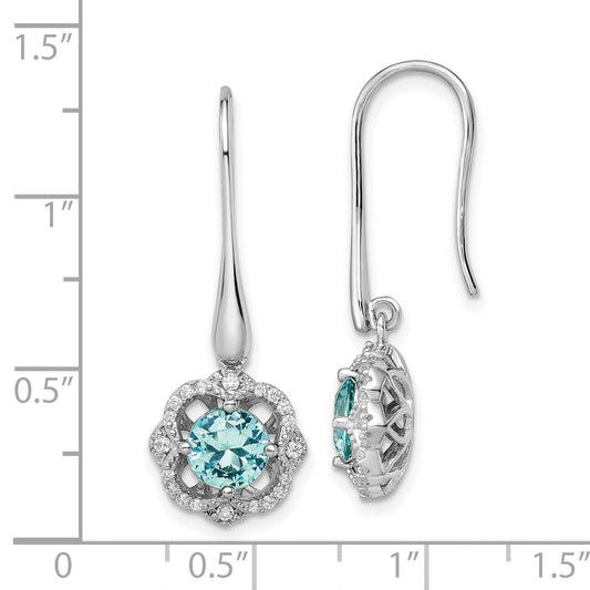 Sterling Silver Rhodium Plated Aqua & White Cz Dangle Earrings