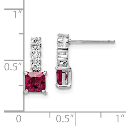 Sterling Silver Rhodium-Plated Created Ruby And Cz Post Dangle Earrings