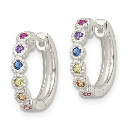 Sterling Silver Polished Multicolor Cz Round Hinged Hoop Earrings