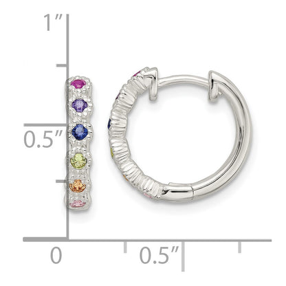 Sterling Silver Polished Multicolor Cz Round Hinged Hoop Earrings