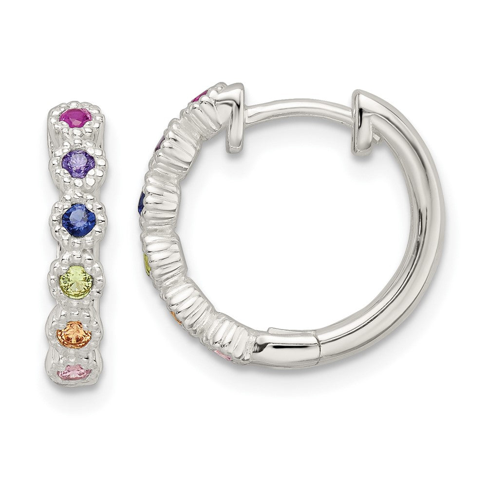Sterling Silver Polished Multicolor Cz Round Hinged Hoop Earrings