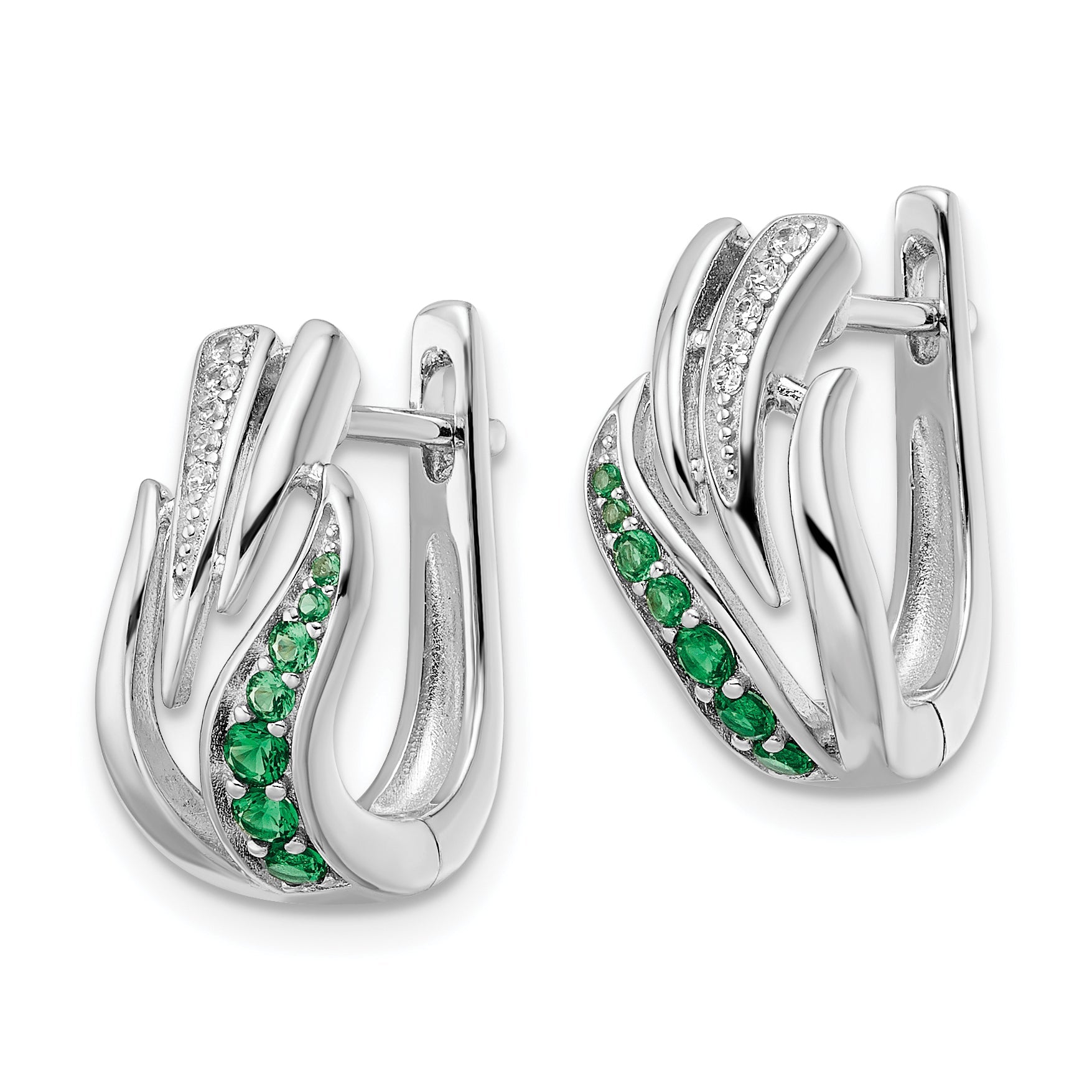 Sterling Silver Rhodium-Plated Green & White Cz Hinged Hoop Earrings