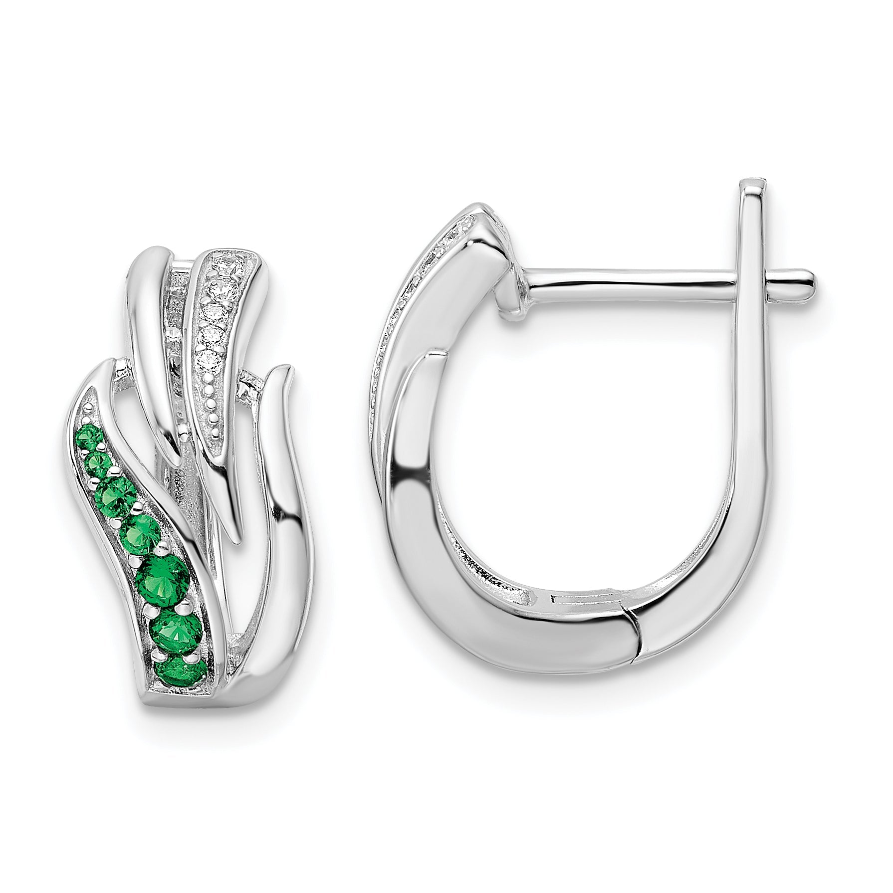 Sterling Silver Rhodium-Plated Green & White Cz Hinged Hoop Earrings