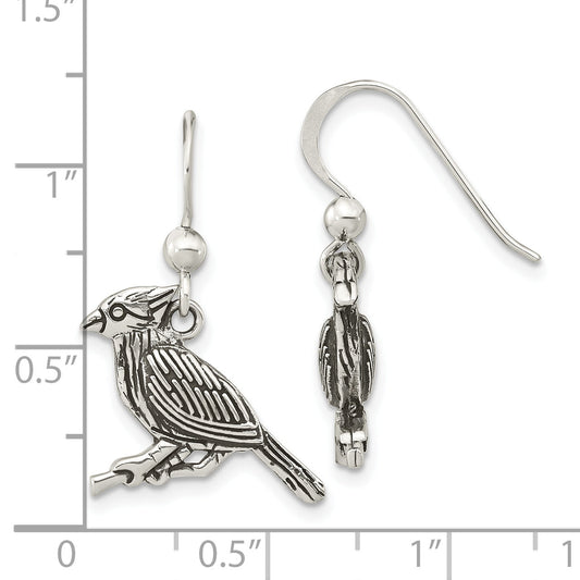 Sterling Silver Antiqued Bird On Branch Dangle Earrings
