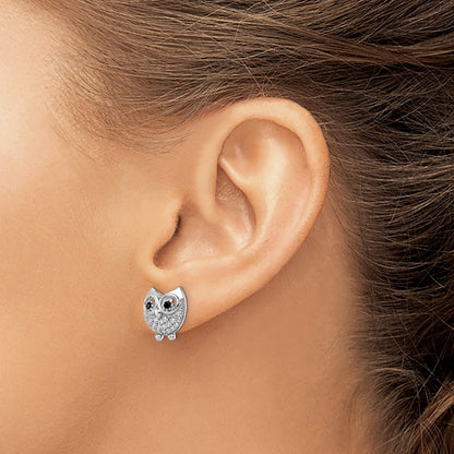 Sterling Silver Rhodium-Plated Black & White Cz Owl Earrings