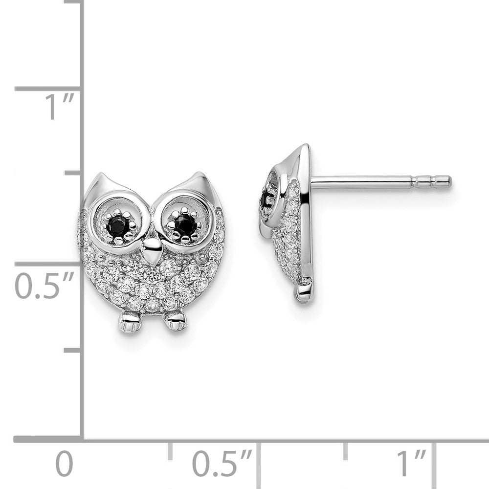 Sterling Silver Rhodium-Plated Black & White Cz Owl Earrings