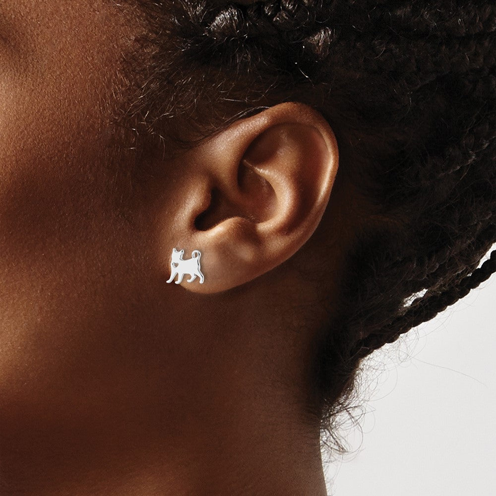 Sterling Silver Rhodium-Plated Cat W/Heart Post Earrings