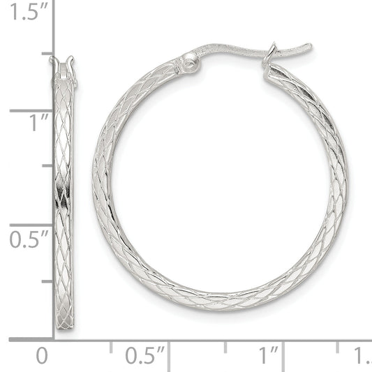 Sterling Silver Rhodium-Plated Diamond Pattern Hoop Earrings