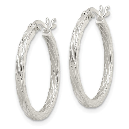 Sterling Silver Rhodium-Plated Diamond Pattern Hoop Earrings