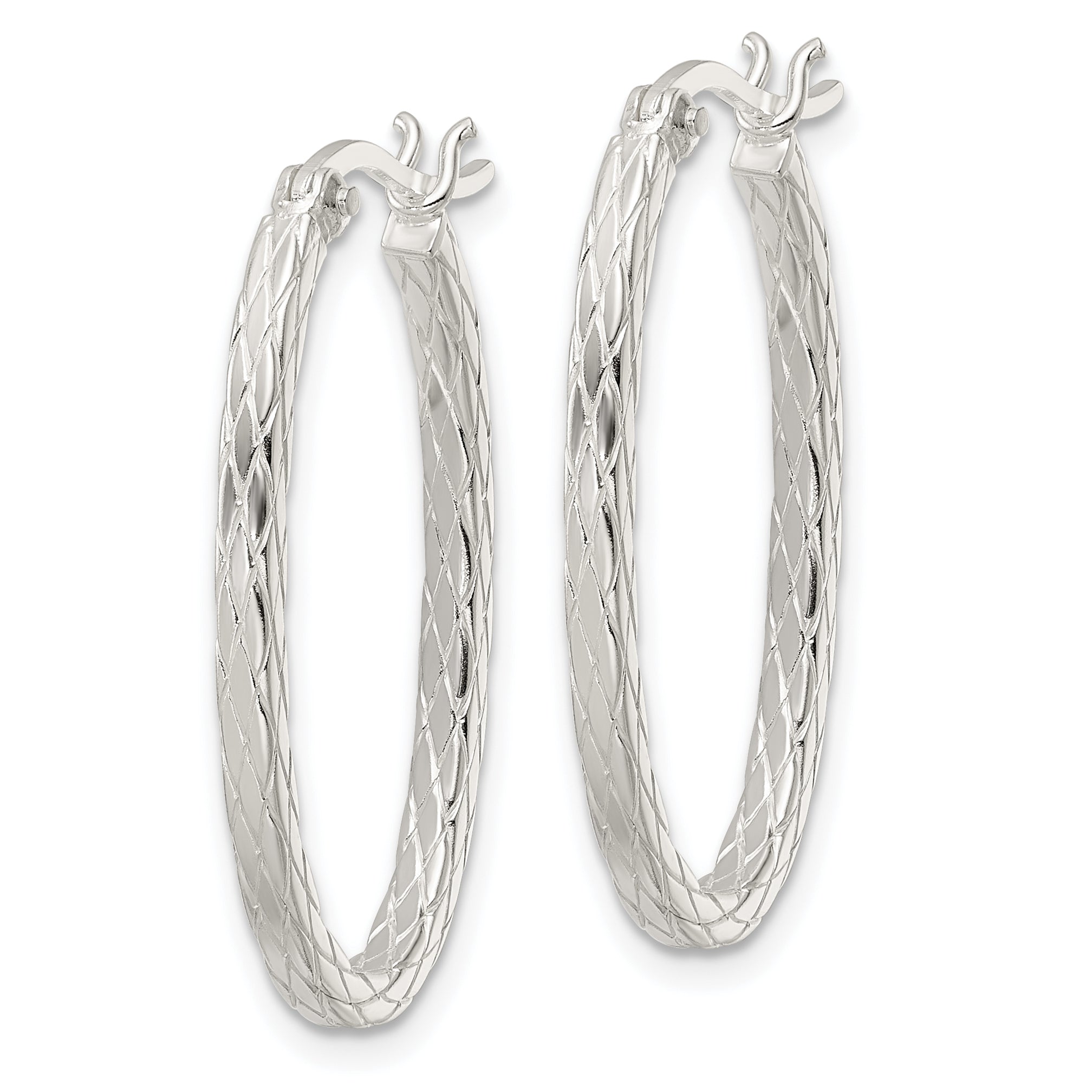 Sterling Silver Diamond Pattern Oval Hoop Earrings