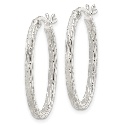 Sterling Silver Diamond Pattern Oval Hoop Earrings