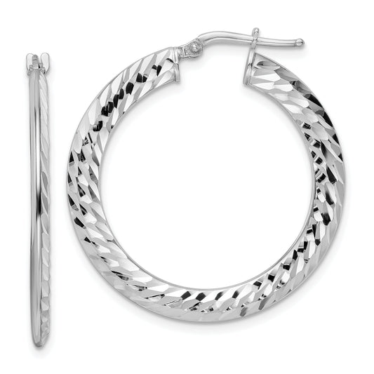 Sterling Silver Rhodium-Plated 2X32mm D/C Knife-Edge Tube Hoop Earrings