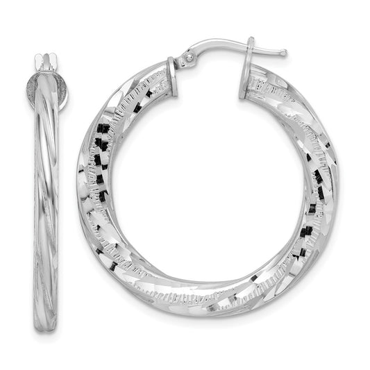 Sterling Silver Rhodium-Plated 3X33mm D/C Twisted Tube Hoop Earrings