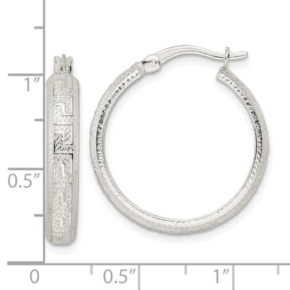Sterling Silver Textured Greek Key 4X24mm Tube Hoop Earrings