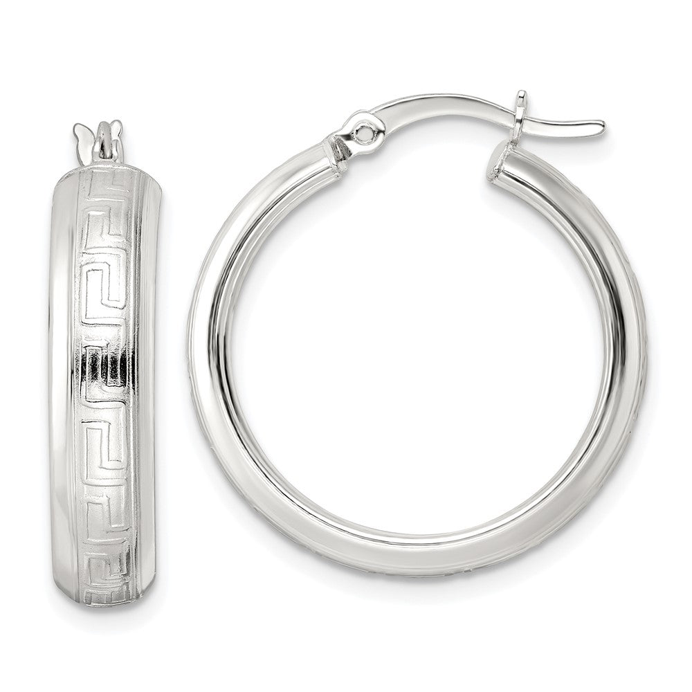 Sterling Silver Polished Greek Key Circle Hoop Earrings