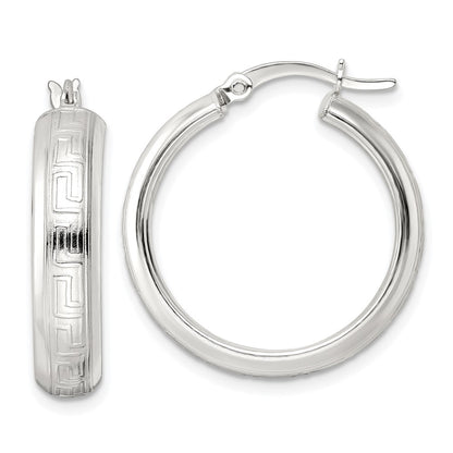 Sterling Silver Polished Greek Key Circle Hoop Earrings
