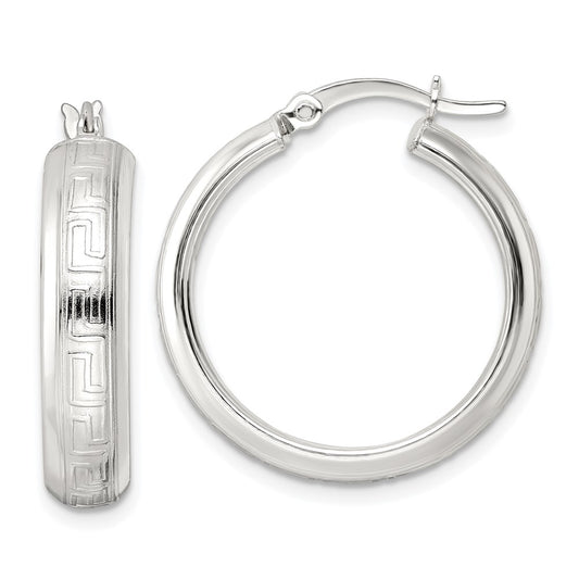 Sterling Silver Polished Greek Key Circle Hoop Earrings
