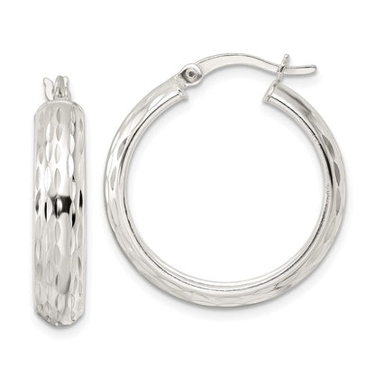 Sterling Silver Polished Diamond-Cut 5X25mm Hoop Earrings